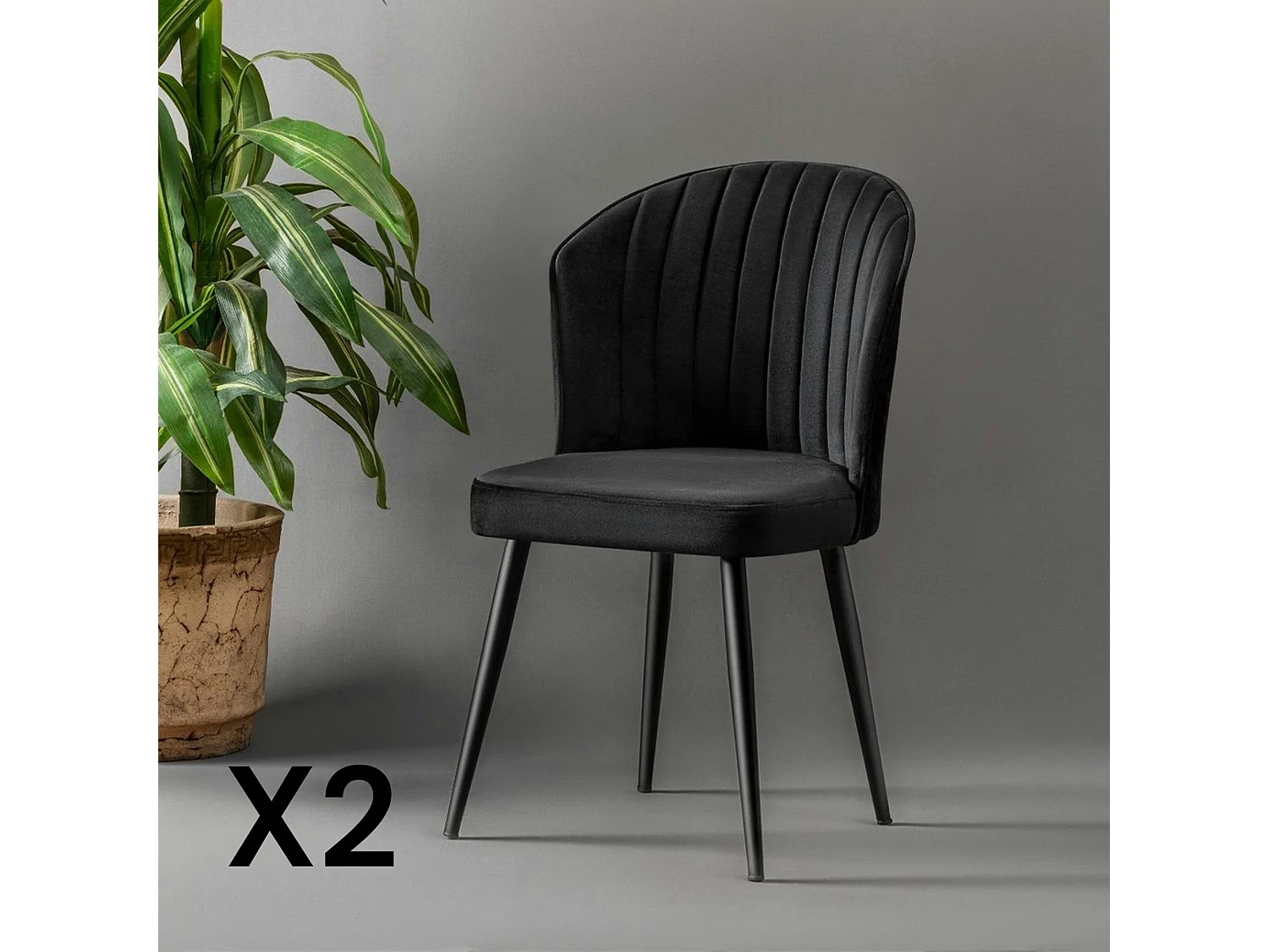 Chaise en velours noir - dossier enveloppant ROSARIO (Lot de 2)