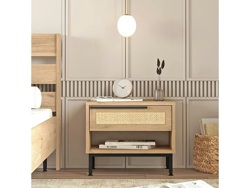 Table de nuit moderne effet bois 1 tiroir cannage MARFA