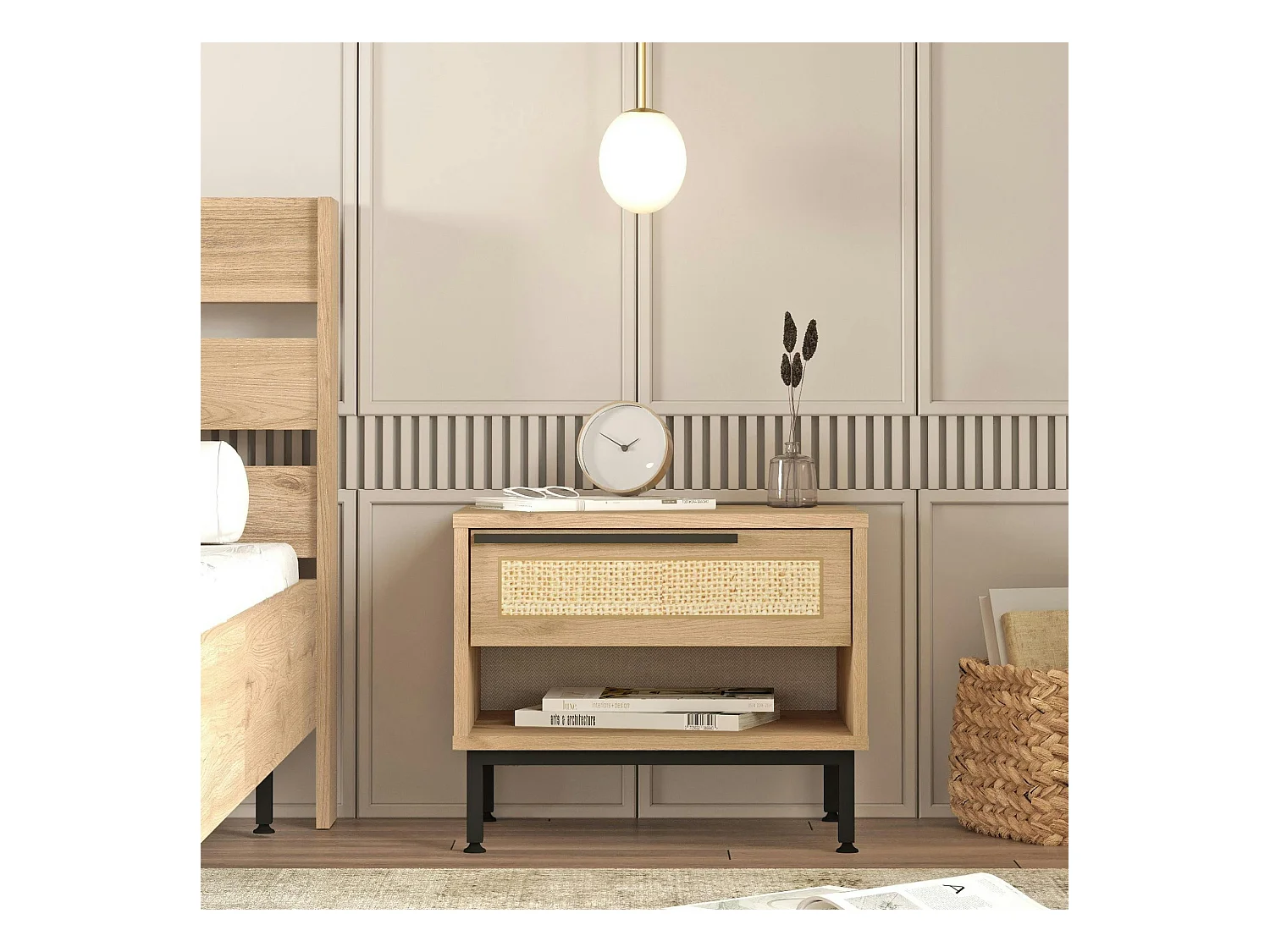 Table de nuit moderne effet bois 1 tiroir cannage MARFA