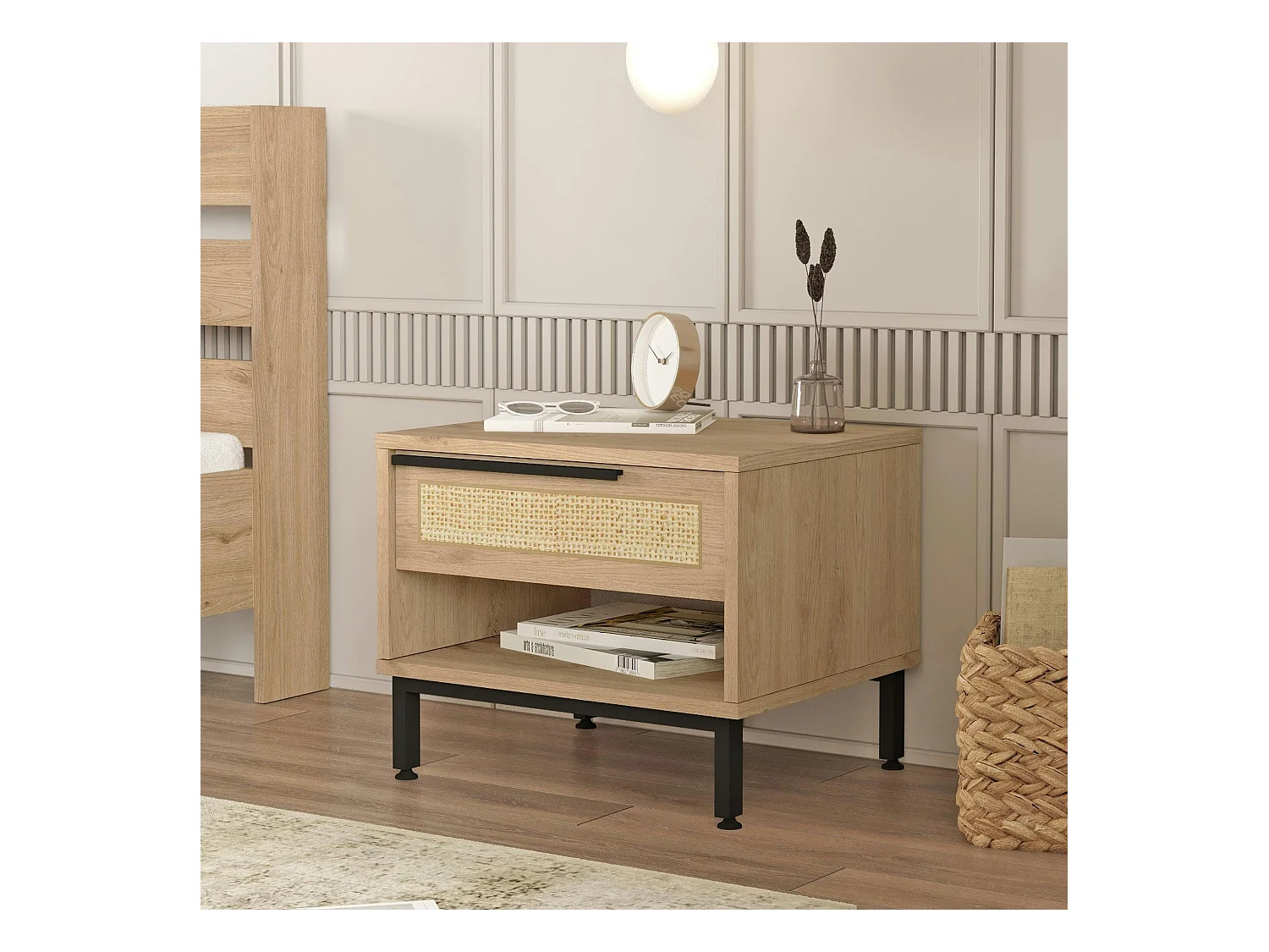 Table de nuit moderne effet bois 1 tiroir cannage MARFA