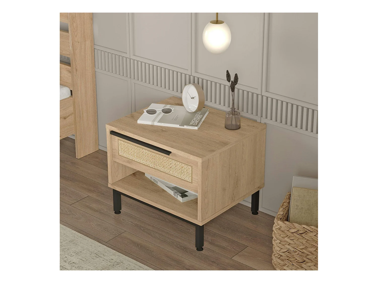 Table de nuit moderne effet bois 1 tiroir cannage MARFA