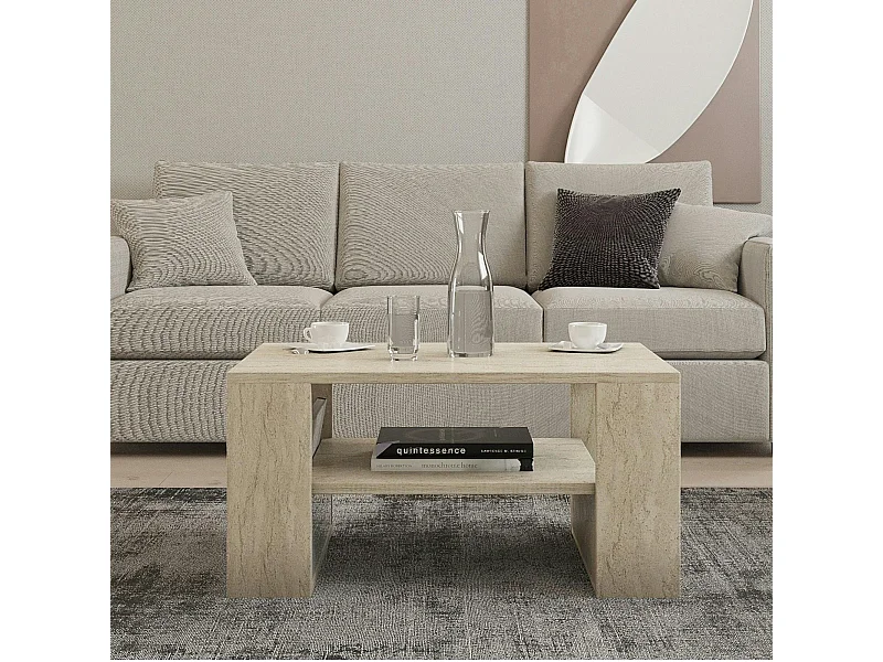 Table basse double plateau effet travertin, porte-revues JENA