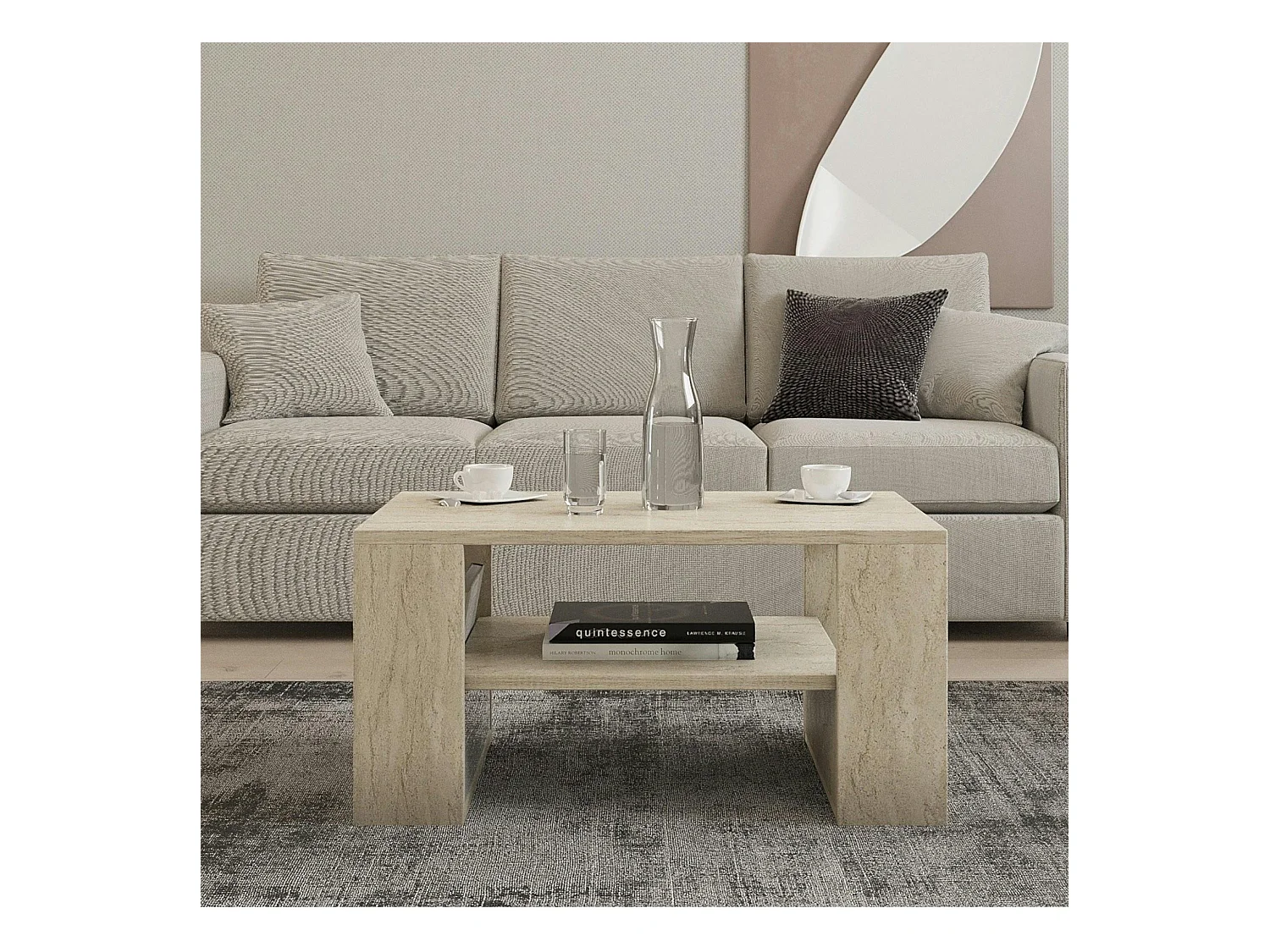 Table basse double plateau effet travertin, porte-revues JENA