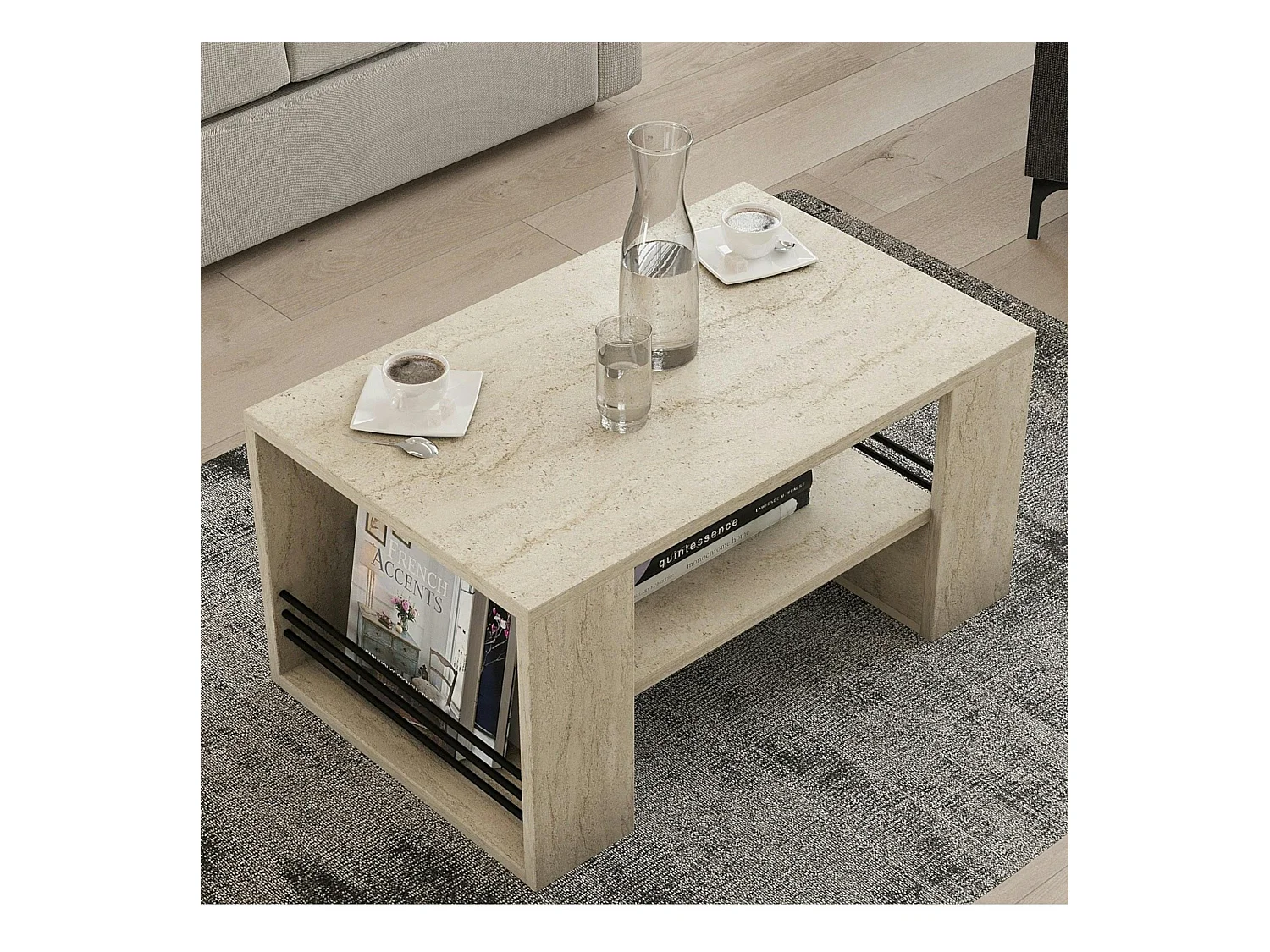 Table basse double plateau effet travertin, porte-revues JENA
