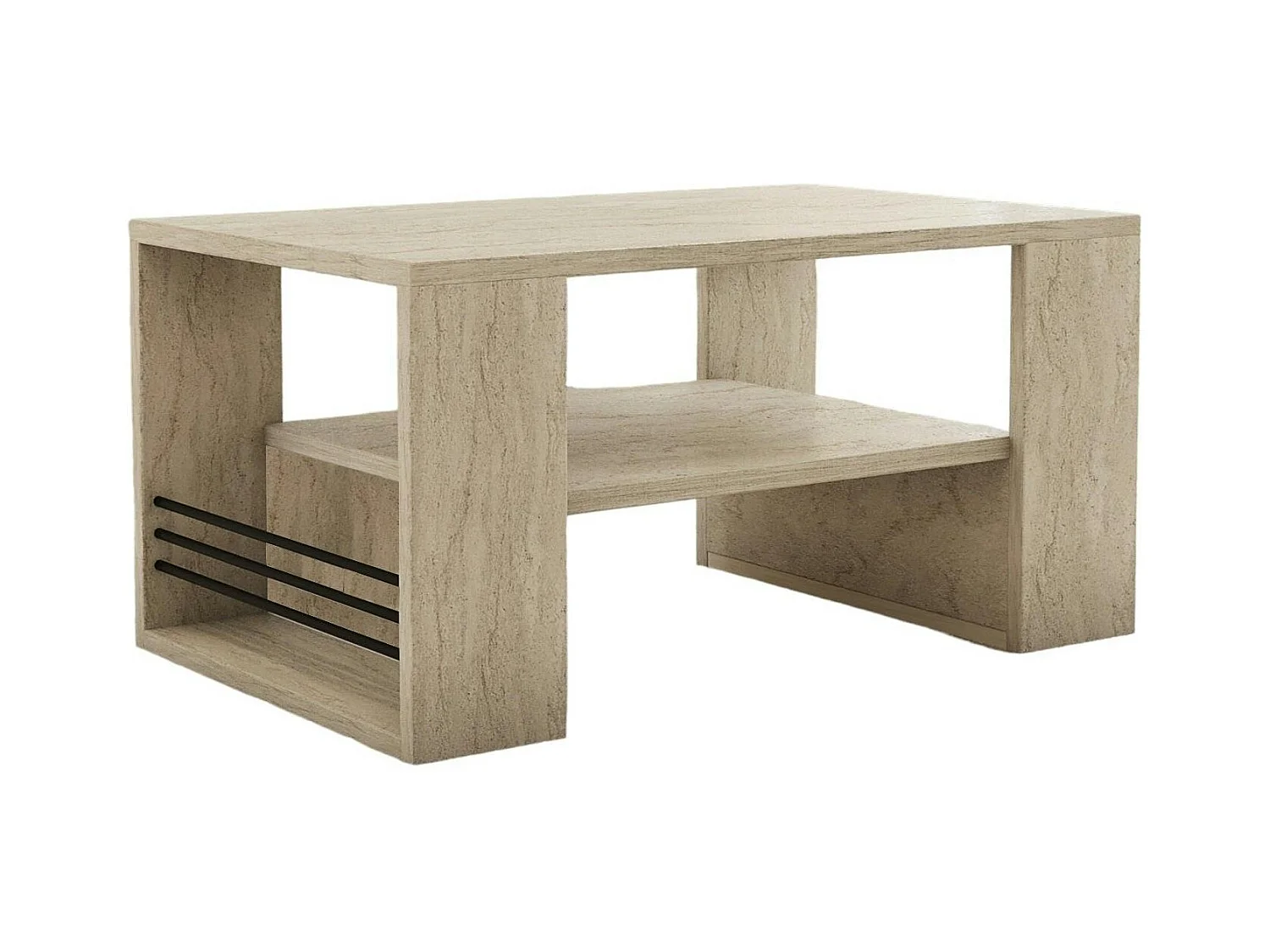 Table basse double plateau effet travertin, porte-revues JENA