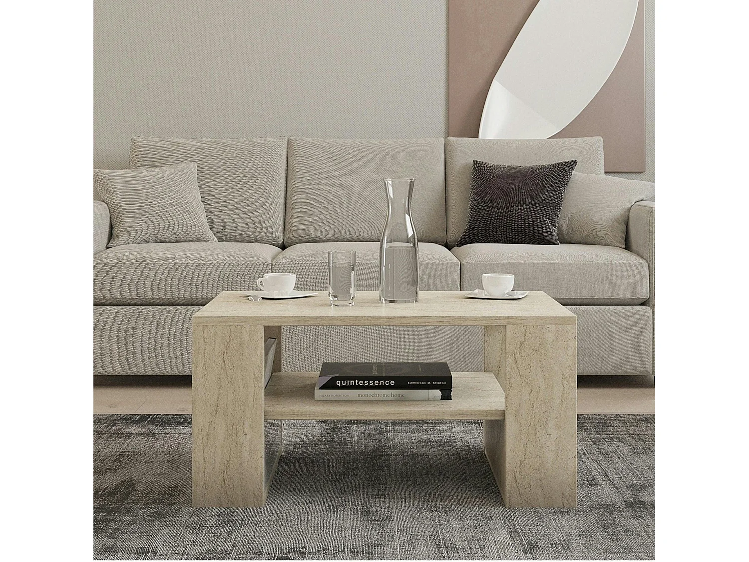 Table basse double plateau effet travertin, porte-revues JENA