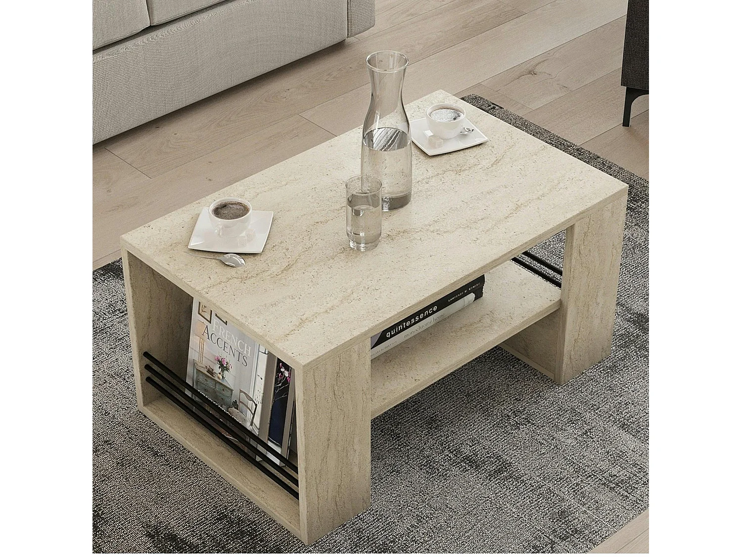 Table basse double plateau effet travertin, porte-revues JENA