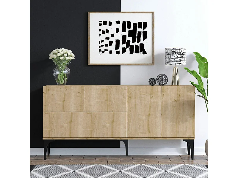 Buffet de salle à manger effet bois clair 5 portes JENA