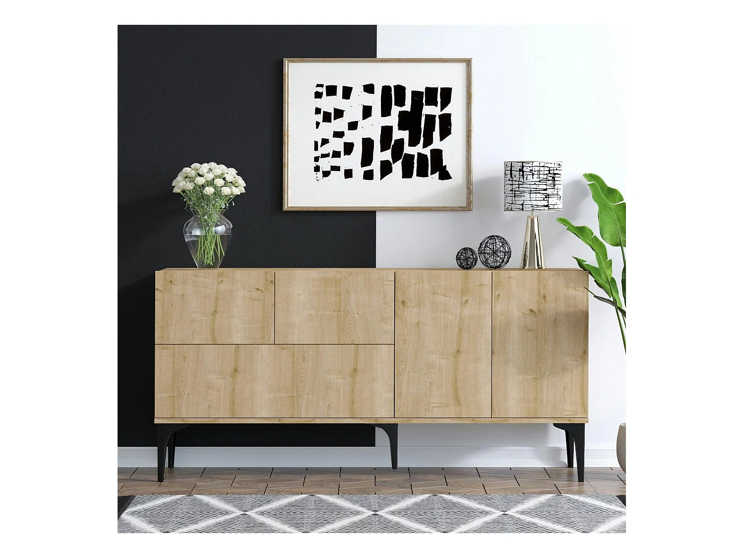 Buffet de salle à manger effet bois clair 5 portes JENA