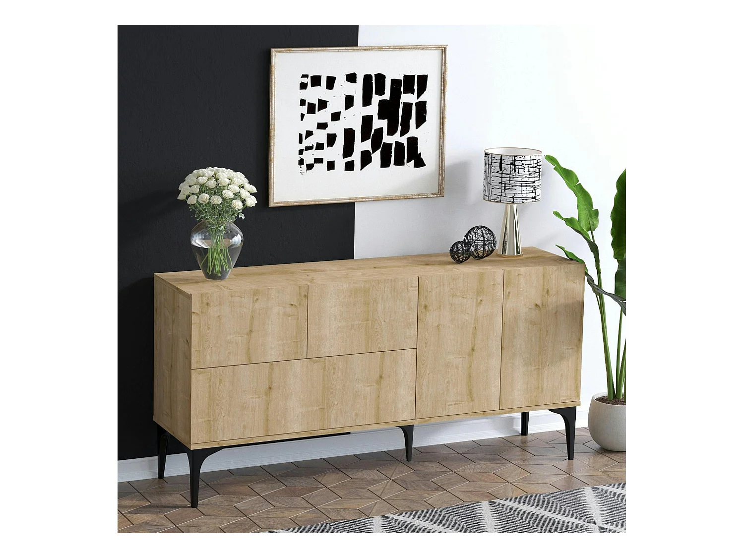 Buffet de salle à manger effet bois clair 5 portes JENA