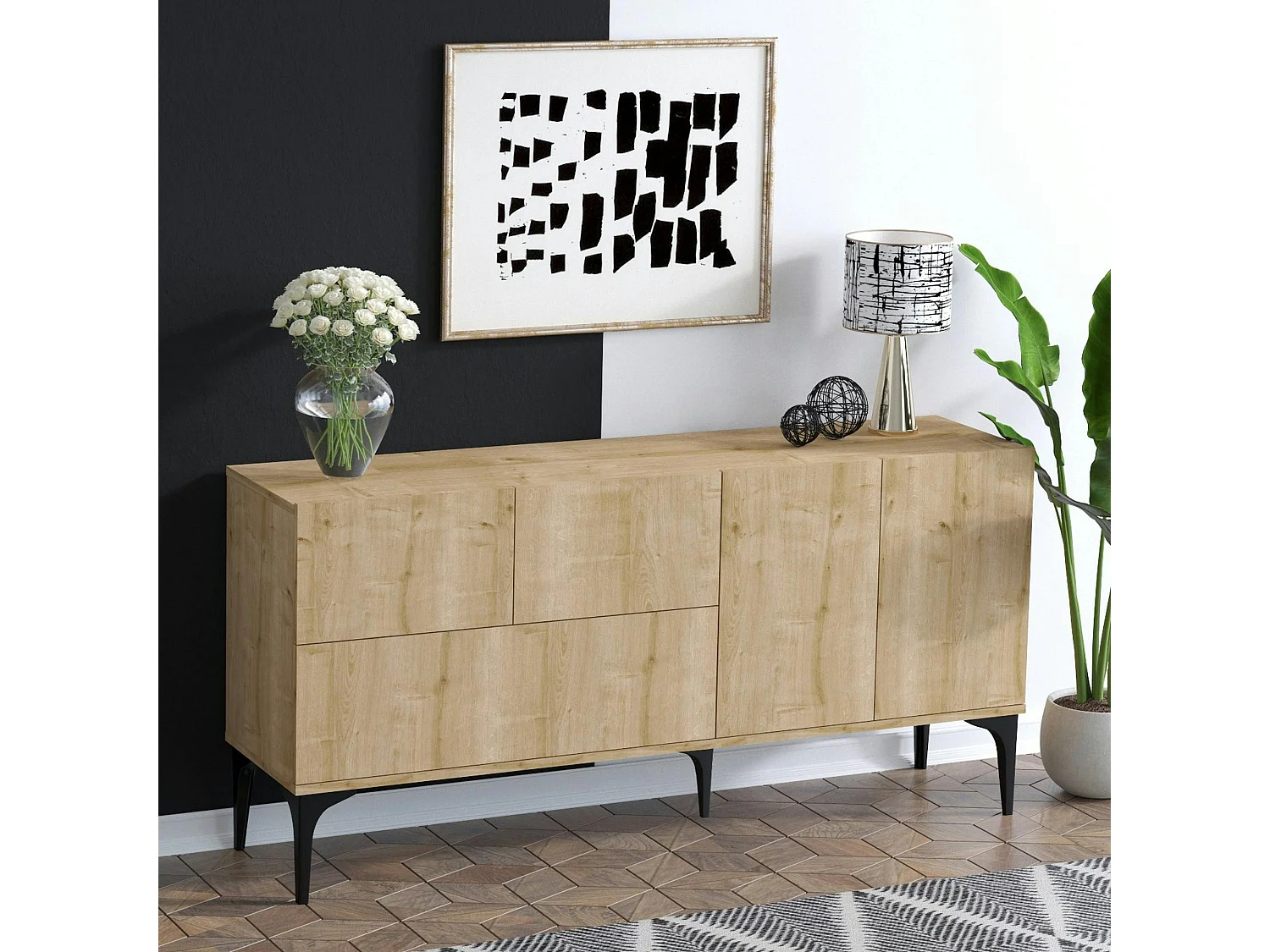 Buffet de salle à manger effet bois clair 5 portes JENA