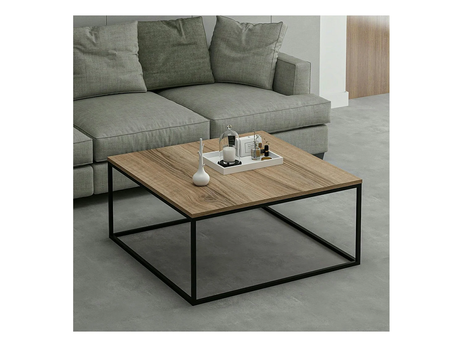 Table basse carrée style minimaliste effet noyer JENA