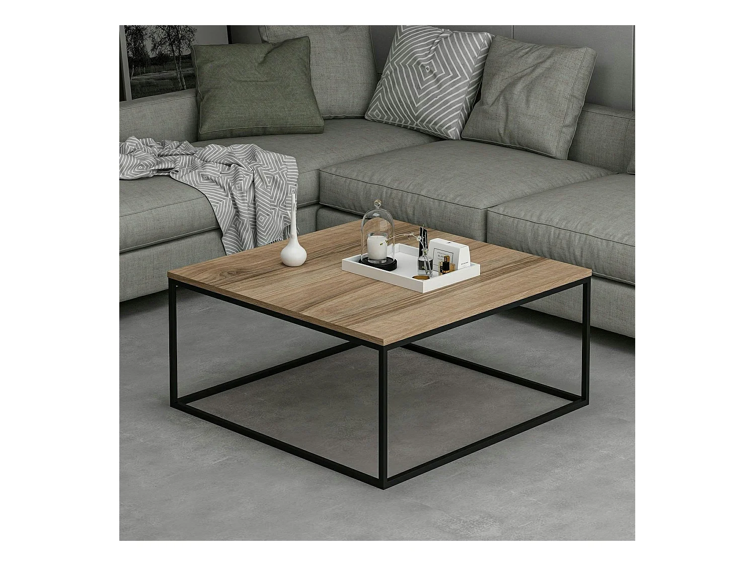 Table basse carrée style minimaliste effet noyer JENA