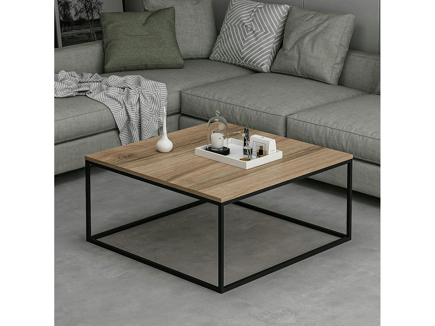 Table basse carrée style minimaliste effet noyer JENA