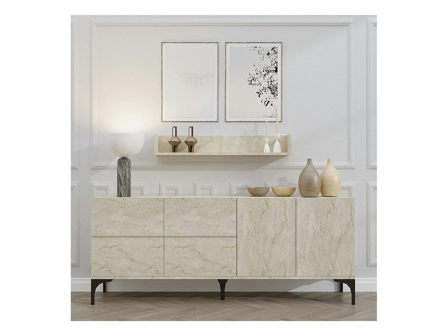 Buffet salle à manger moderne effet travertin 6 portes JENA