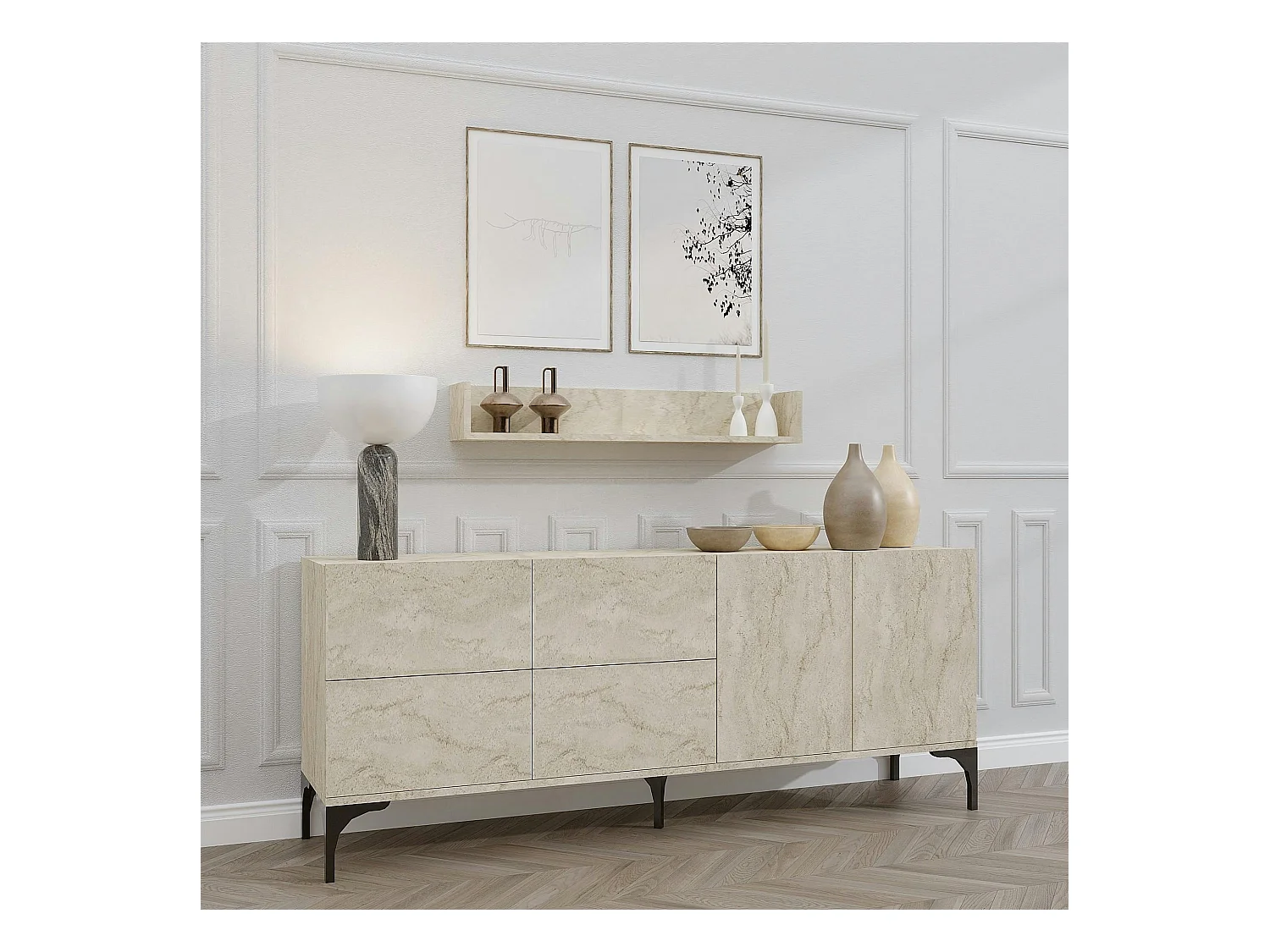 Buffet salle à manger moderne effet travertin 6 portes JENA
