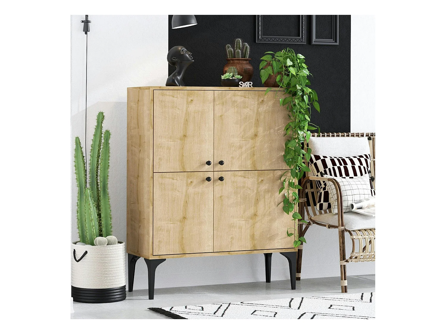 Buffet haut moderne effet bois clair - 4 portes JENA