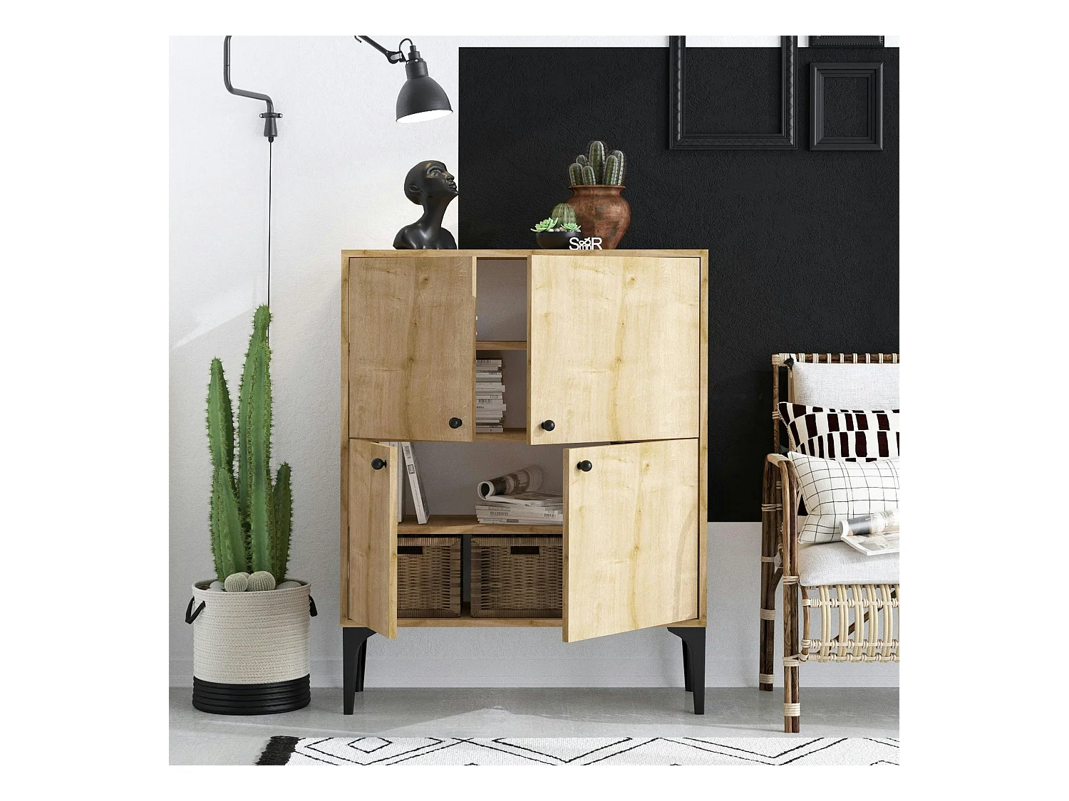 Buffet haut moderne effet bois clair - 4 portes JENA