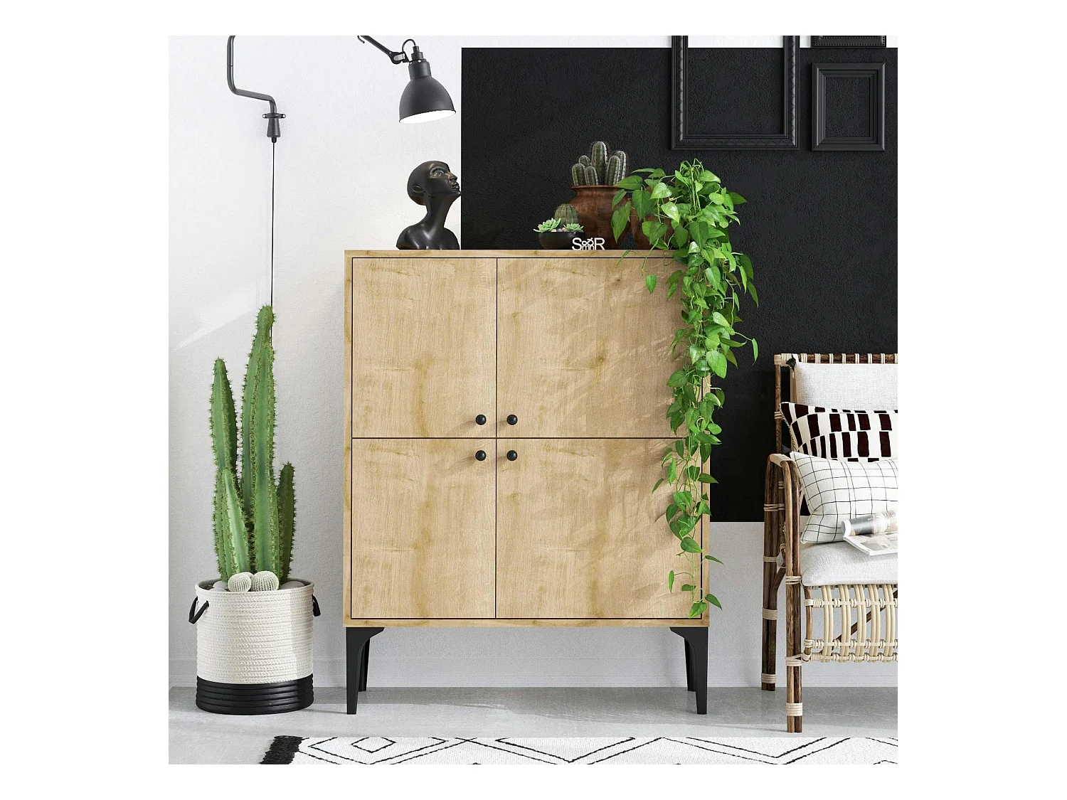 Buffet haut moderne effet bois clair - 4 portes JENA