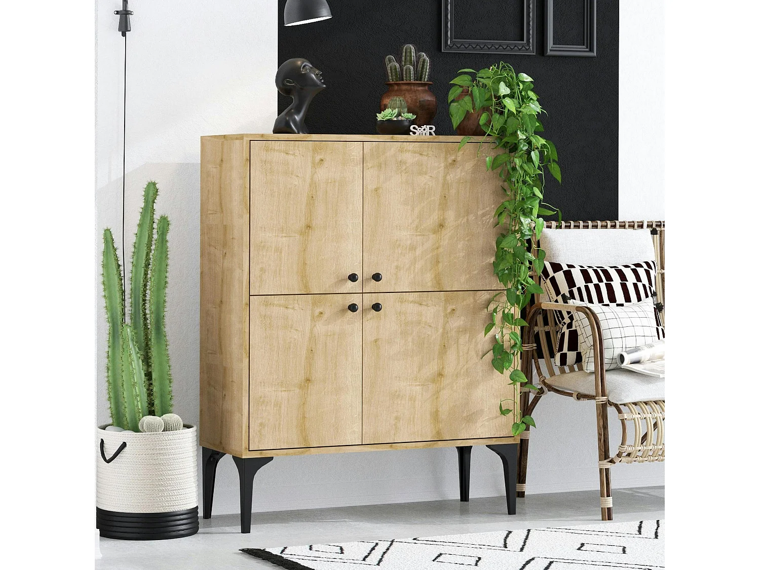 Buffet haut moderne effet bois clair - 4 portes JENA