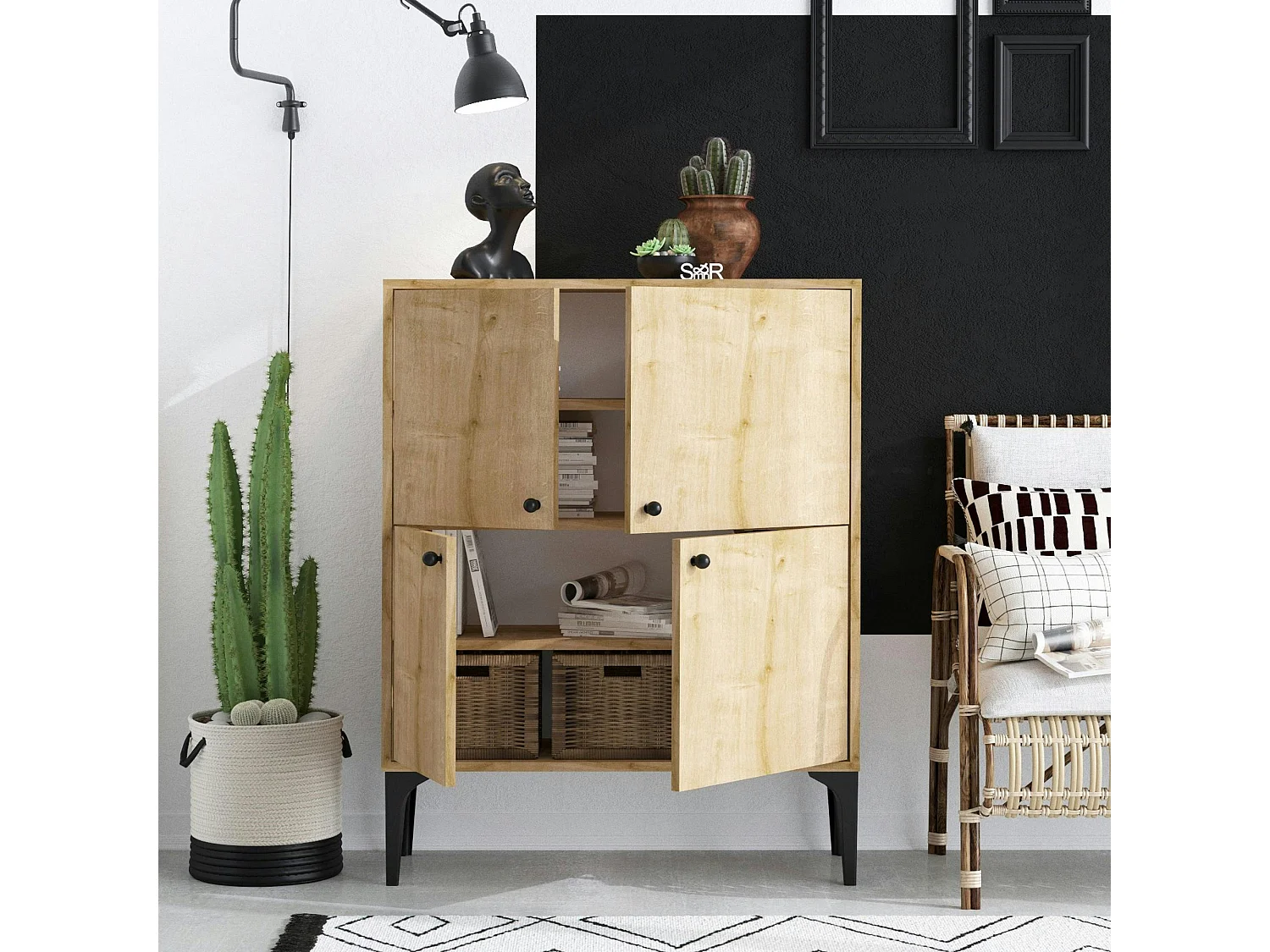 Buffet haut moderne effet bois clair - 4 portes JENA