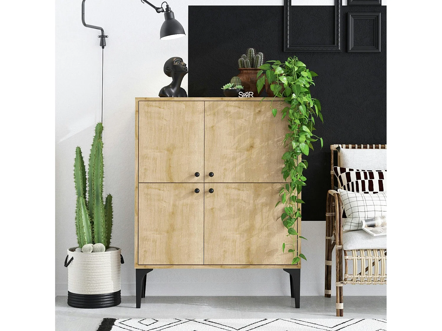 Buffet haut moderne effet bois clair - 4 portes JENA