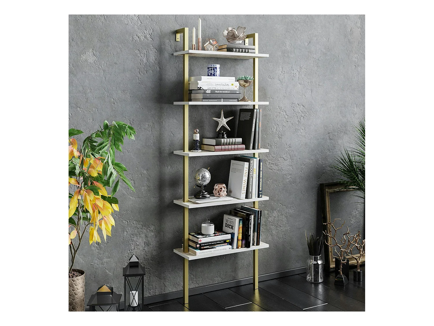 Étagère murale blanche effet marbre 5 plateaux H. 174 cm JENA