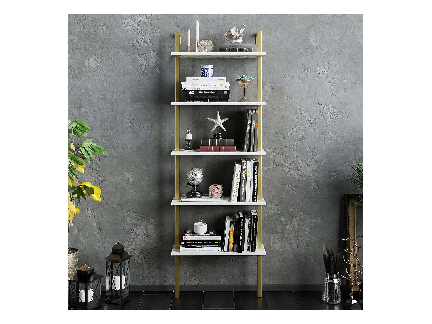 Étagère murale blanche effet marbre 5 plateaux H. 174 cm JENA