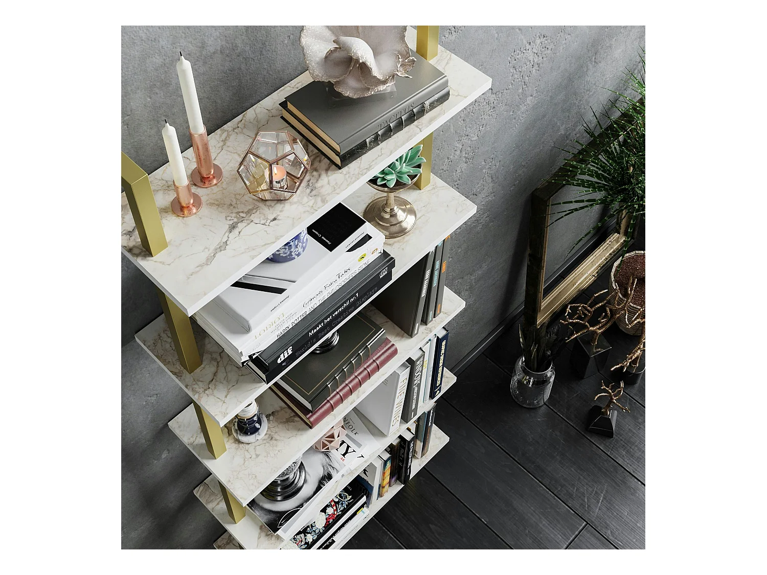 Étagère murale blanche effet marbre 5 plateaux H. 174 cm JENA