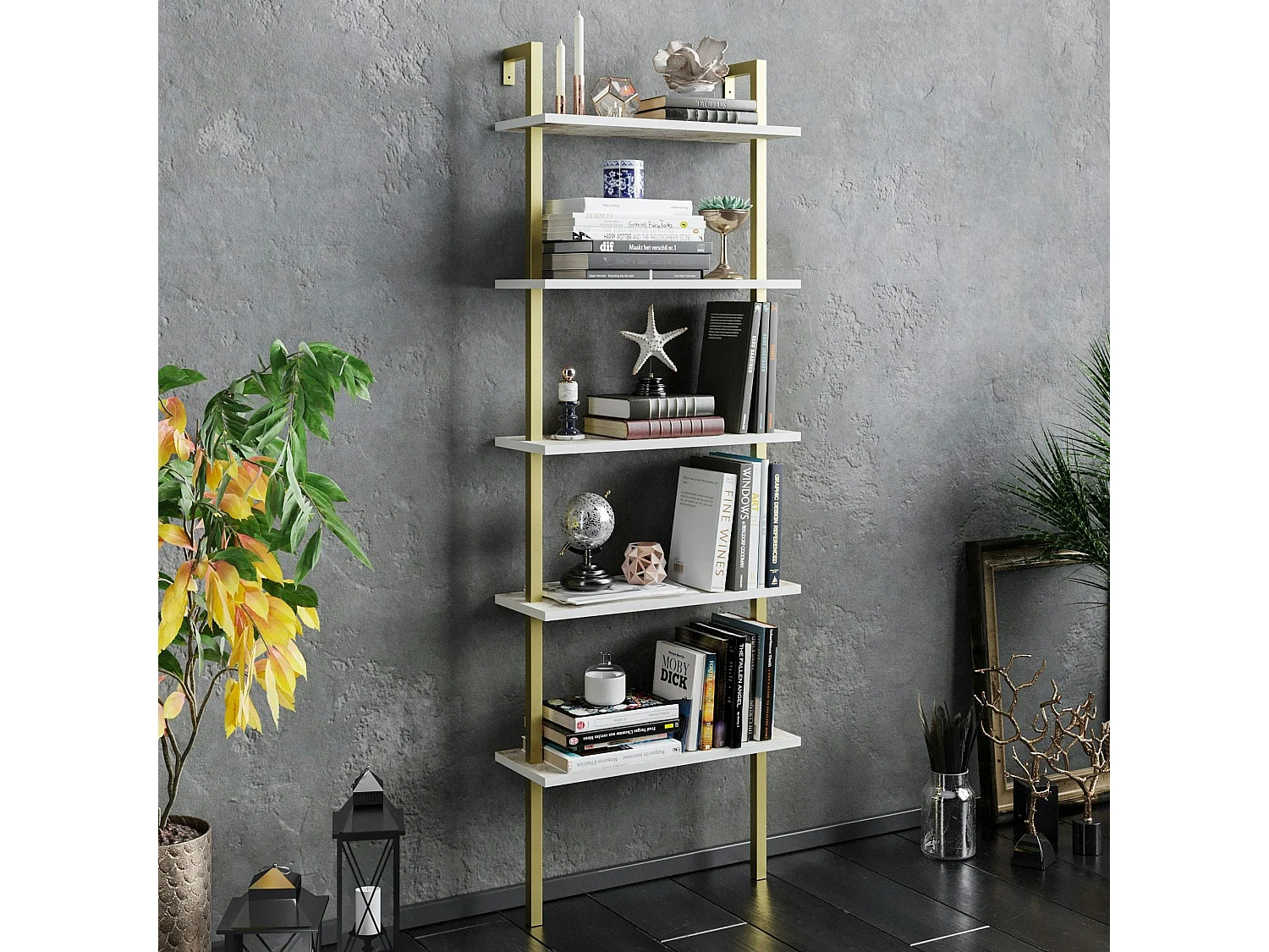 Étagère murale blanche effet marbre 5 plateaux H. 174 cm JENA