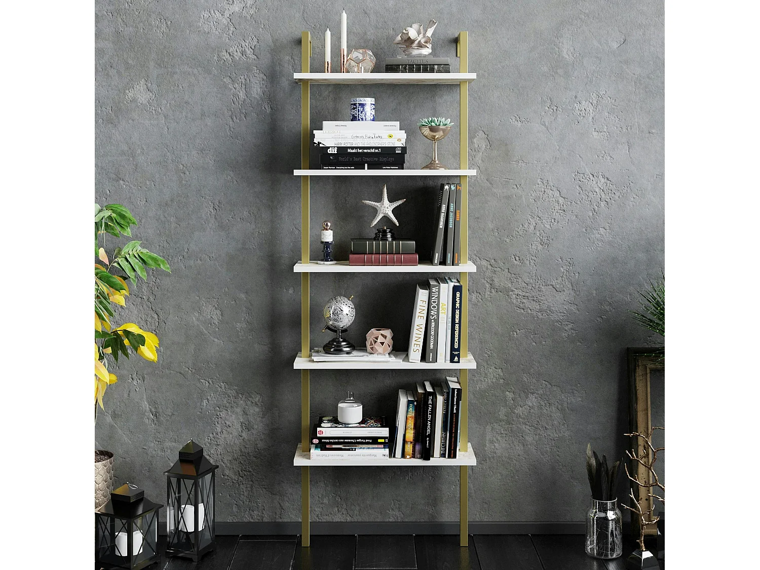 Étagère murale blanche effet marbre 5 plateaux H. 174 cm JENA