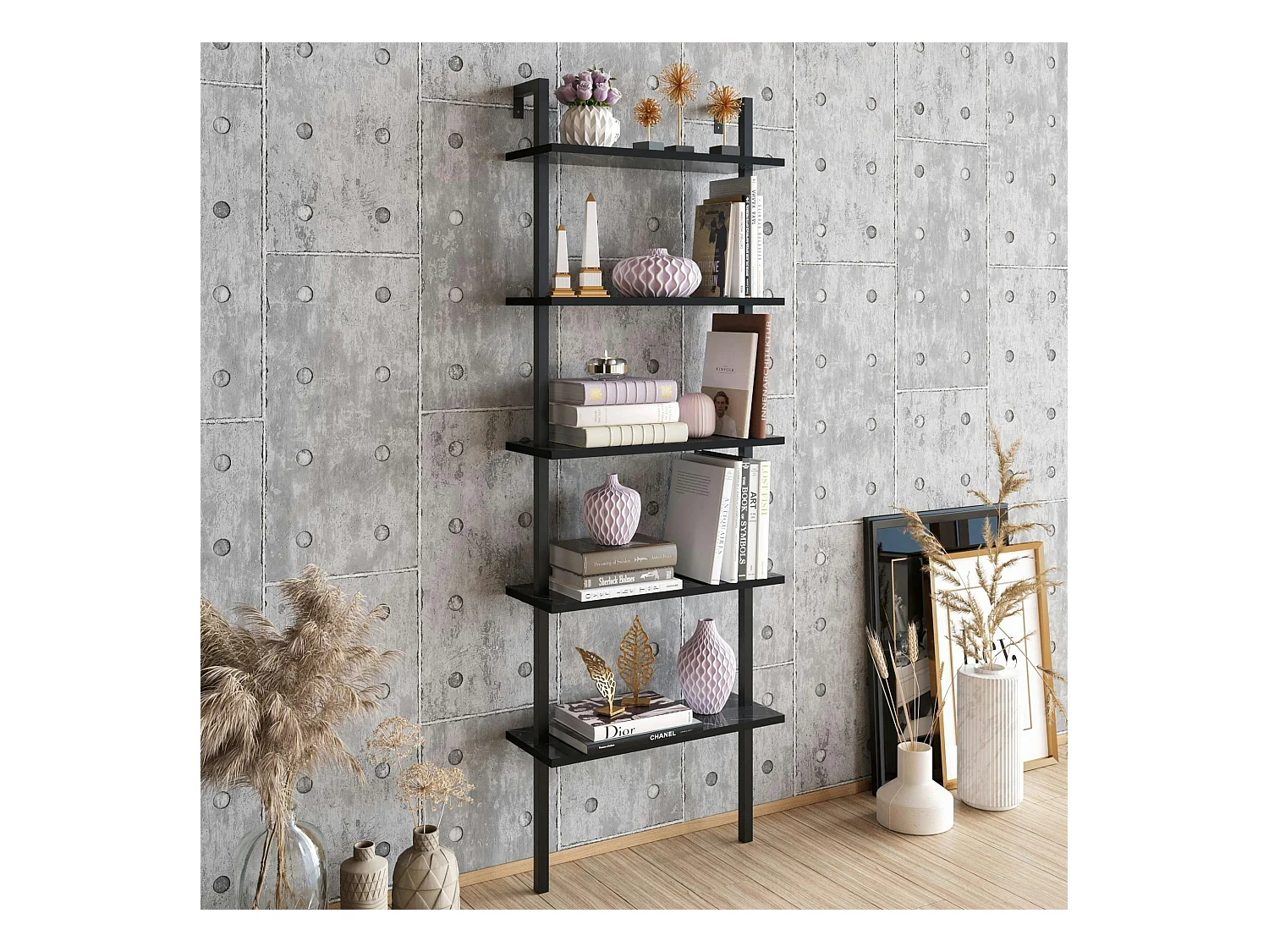Étagère murale moderne noire effet marbre 5 plateaux JENA
