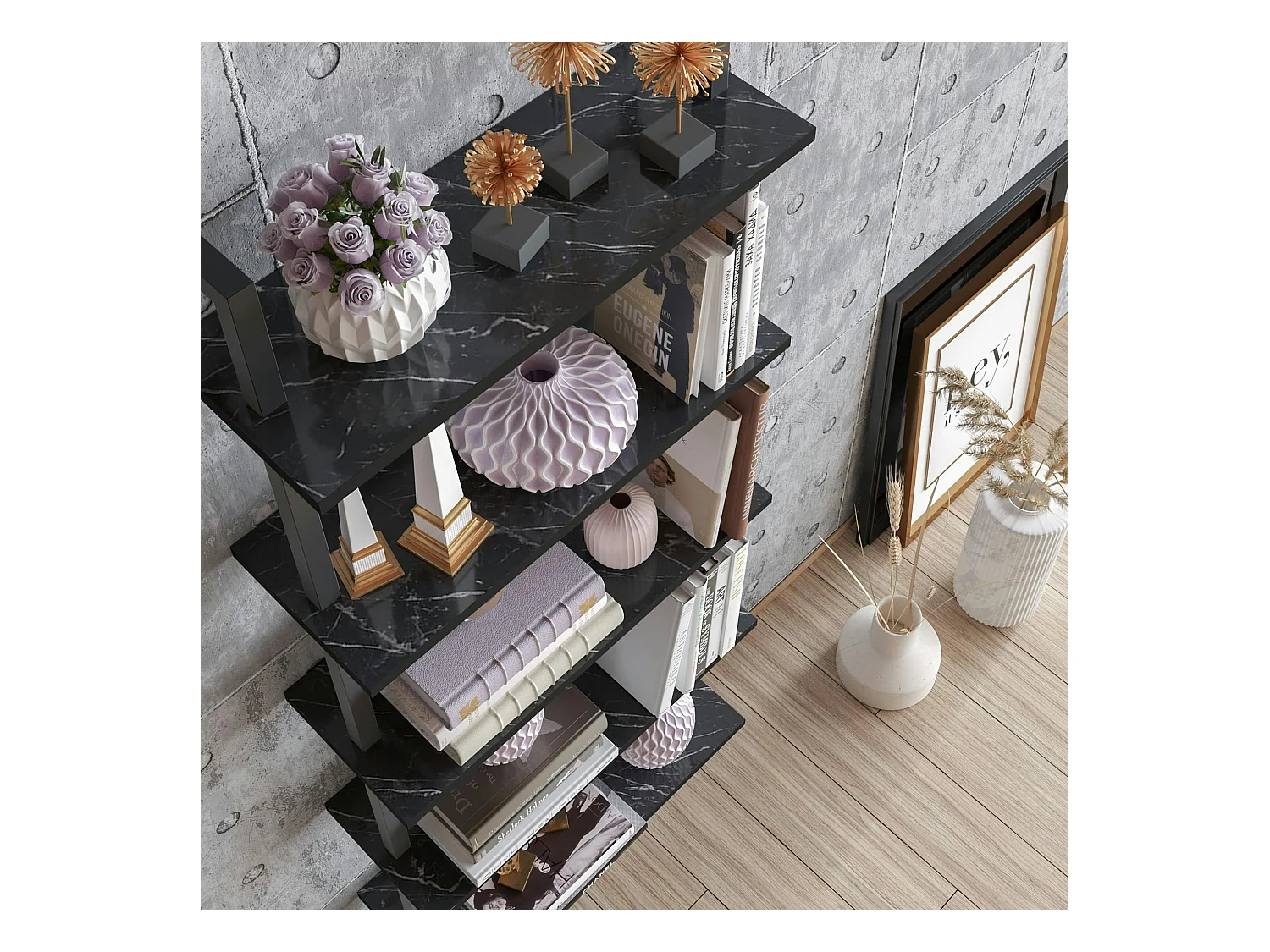 Étagère murale moderne noire effet marbre 5 plateaux JENA