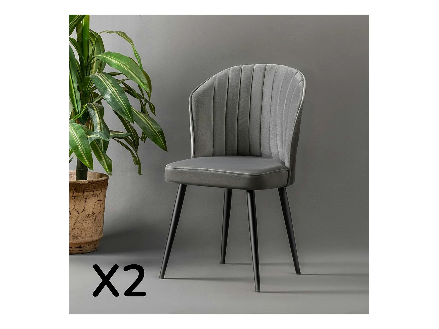 Chaise en velours gris - dossier enveloppant ROSARIO (Lot de 2)