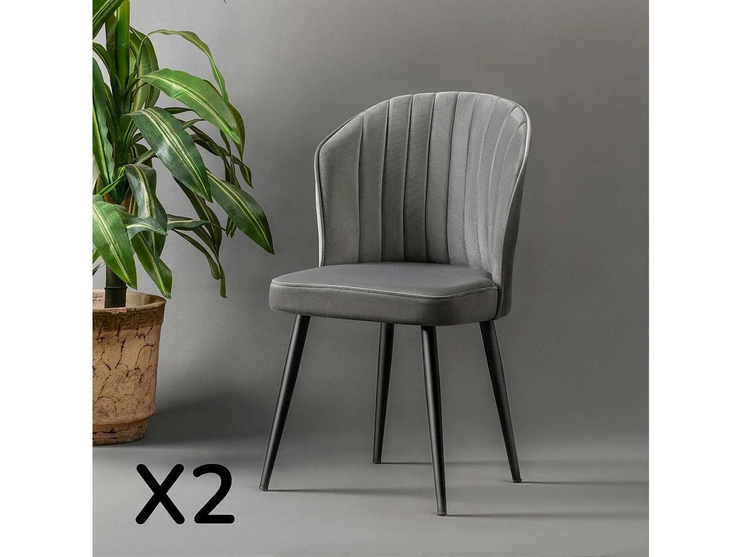 Chaise en velours gris - dossier enveloppant ROSARIO (Lot de 2)