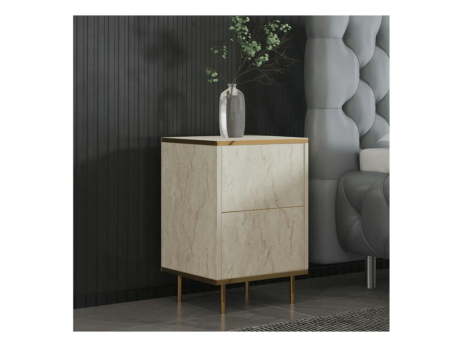Table de nuit moderne chic effet travertin, 1 porte BYRON