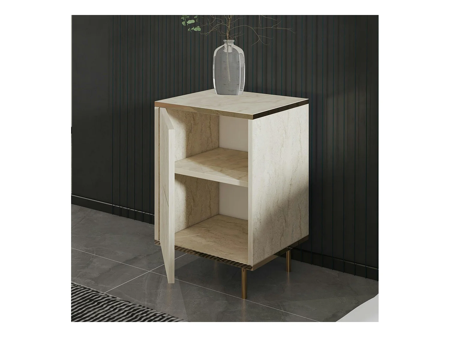 Table de nuit moderne chic effet travertin, 1 porte BYRON