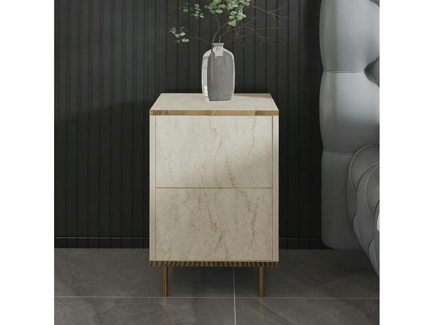 Table de nuit moderne chic effet travertin, 1 porte BYRON