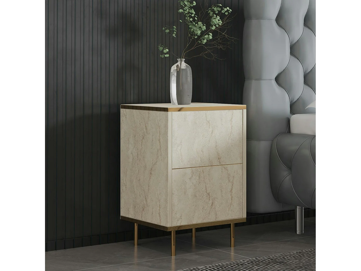 Table de nuit moderne chic effet travertin, 1 porte BYRON