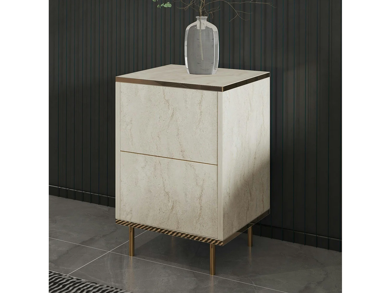 Table de nuit moderne chic effet travertin, 1 porte BYRON