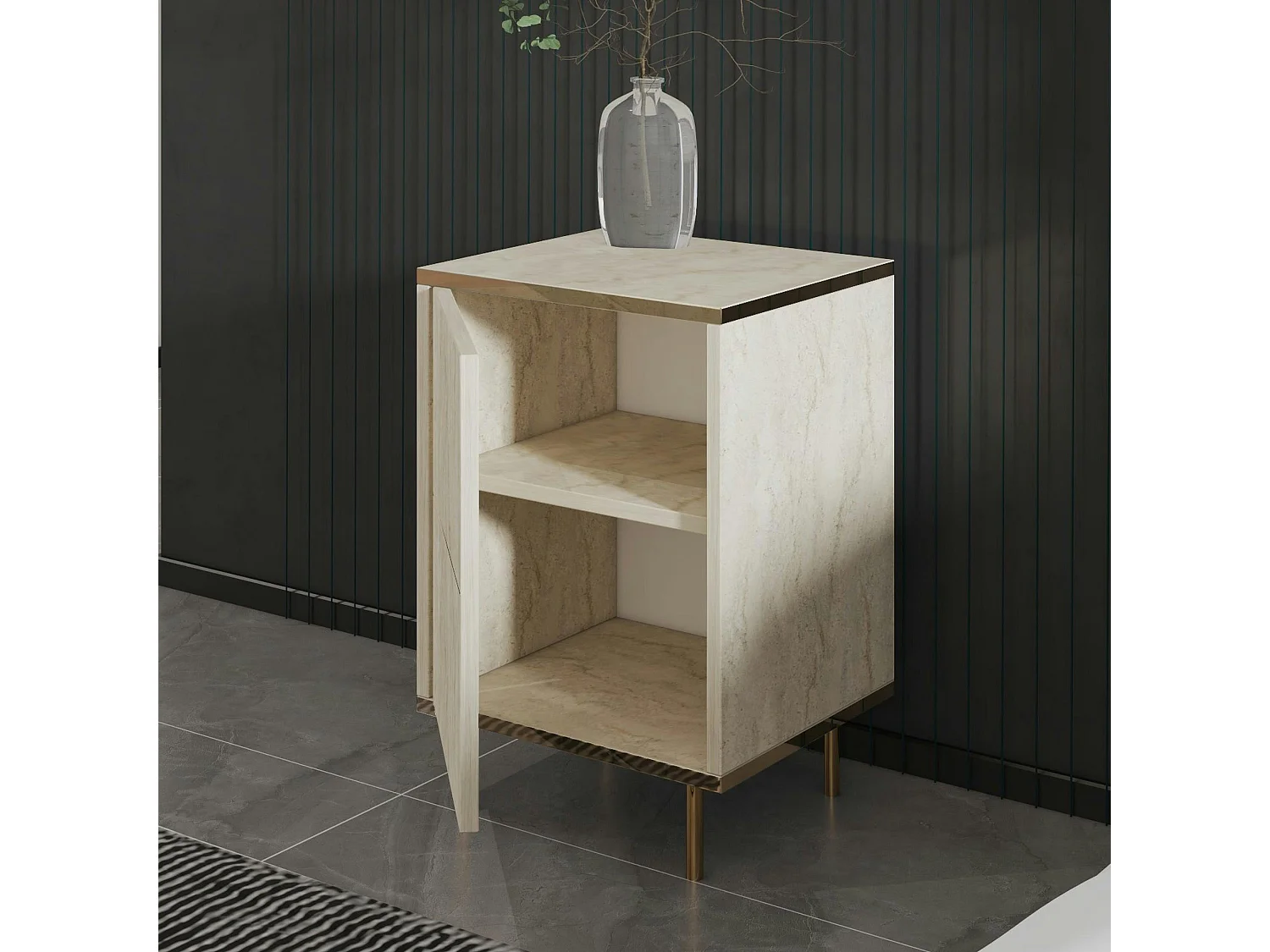 Table de nuit moderne chic effet travertin, 1 porte BYRON