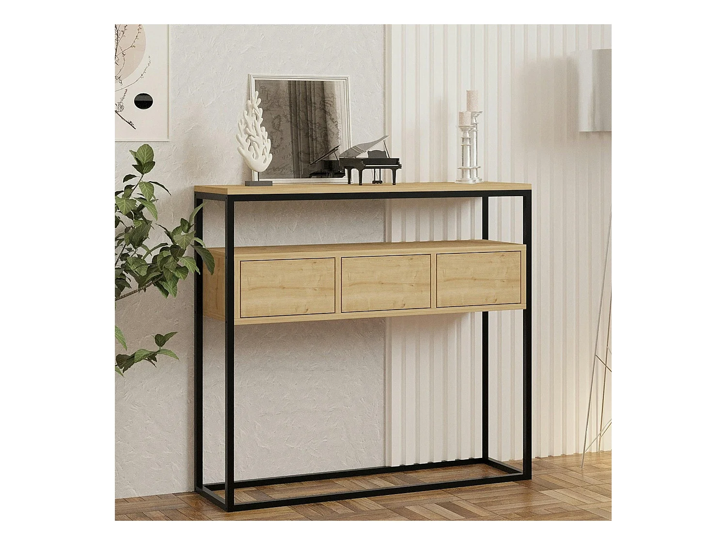 Console d'entrée avec rangement, effet bois clair JENA