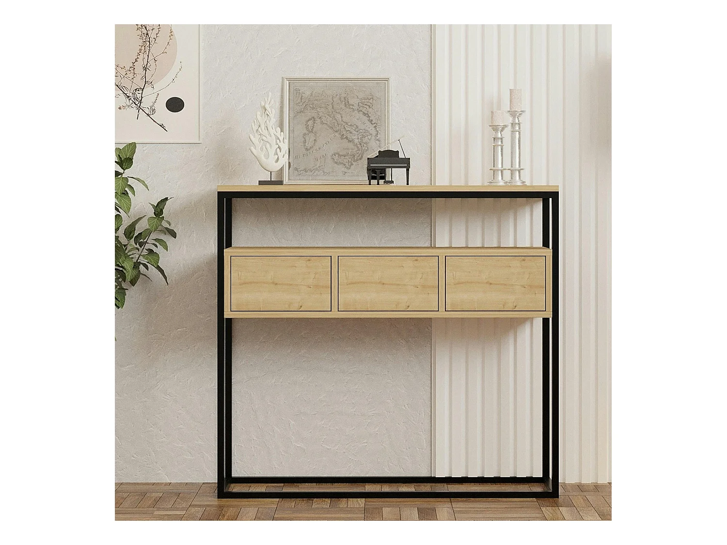 Console d'entrée avec rangement, effet bois clair JENA