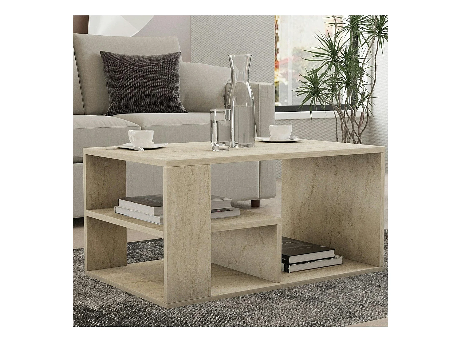 Table basse avec rangement ouvert effet travertin MARFA