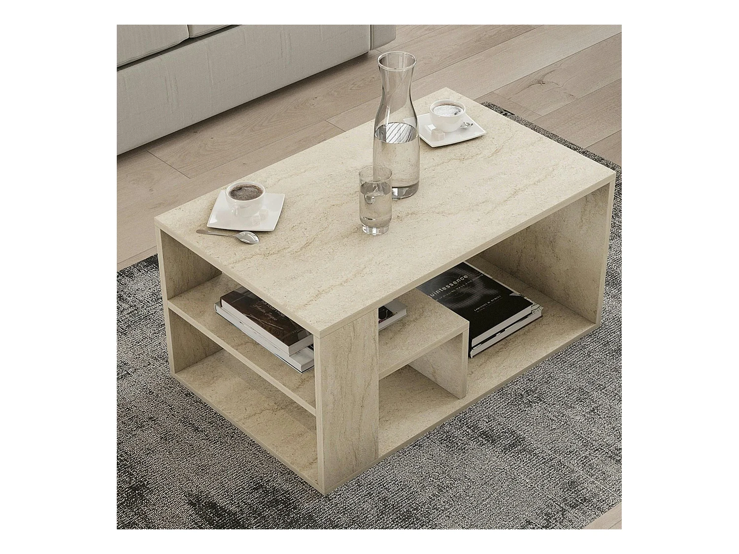 Table basse avec rangement ouvert effet travertin MARFA
