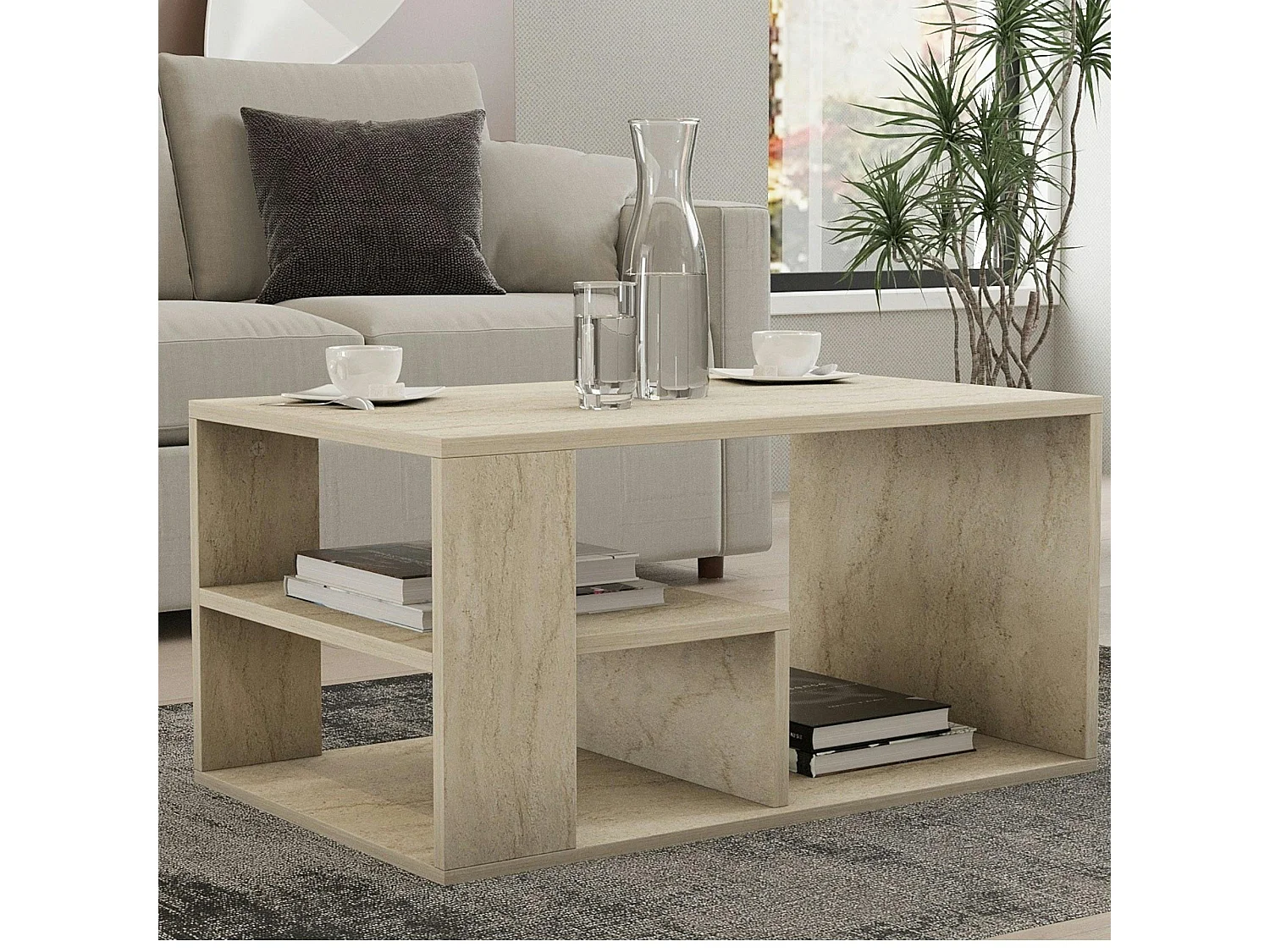 Table basse avec rangement ouvert effet travertin MARFA