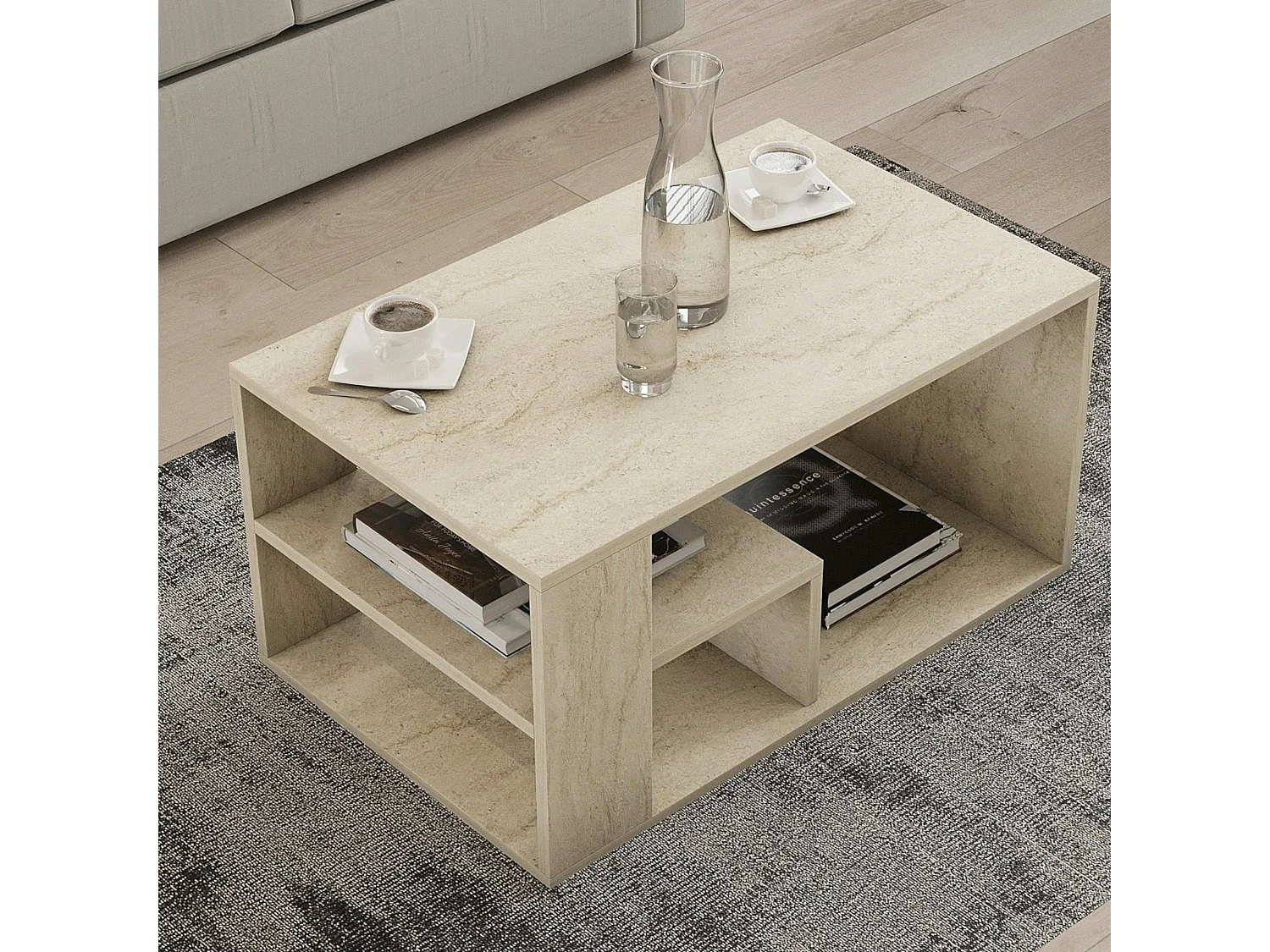 Table basse avec rangement ouvert effet travertin MARFA