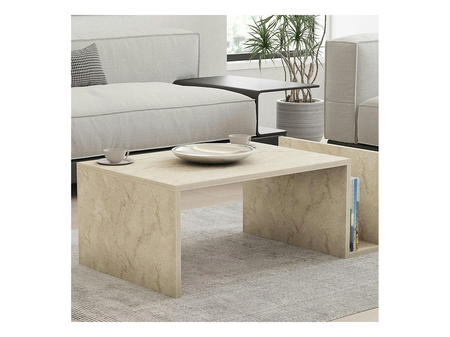 Table basse moderne effet travertin avec porte-revues MARFA