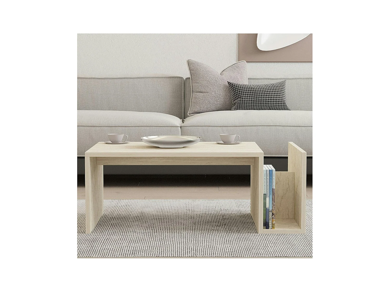 Table basse moderne effet travertin avec porte-revues MARFA