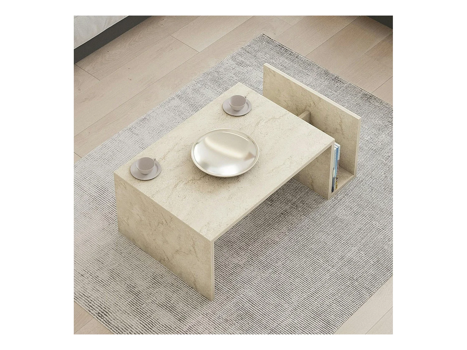 Table basse moderne effet travertin avec porte-revues MARFA